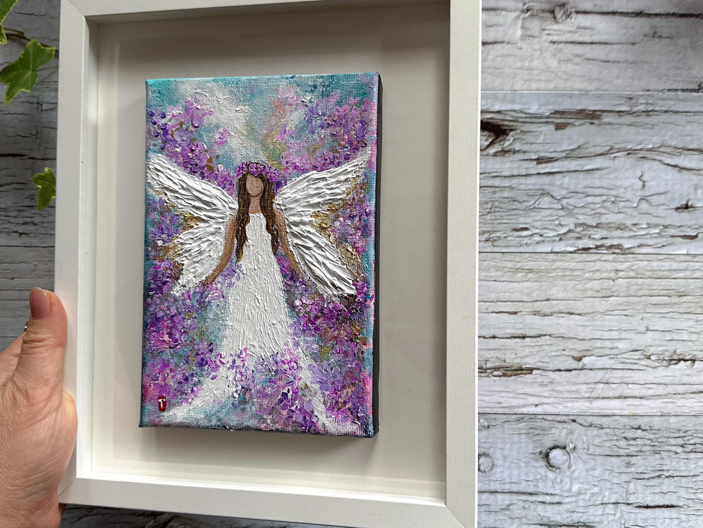 Original Angel Painting - Purple Flower Crown, Guardian Angel Wall Art