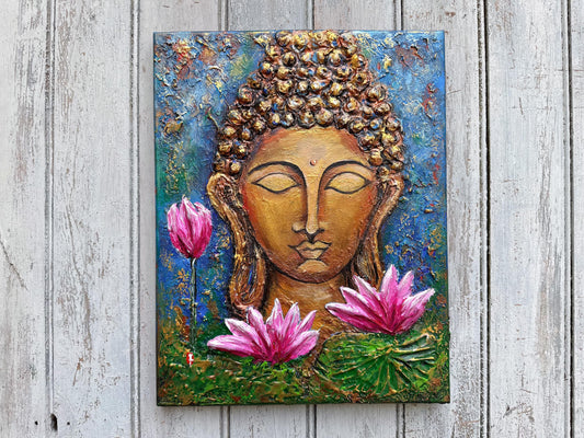 Original Buddha painting on Canvas, Buddha Lover Gift, Meditation Wall Decor, Yoga studio decor, Gold Buddha, Buddha decoration