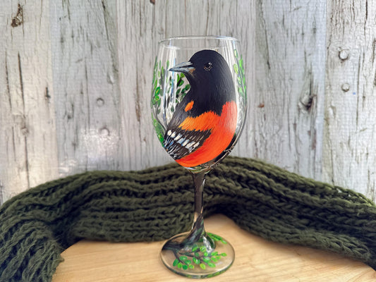 Hand Painted Baltimore Oriole Wine Glass: Bird Lover Gift