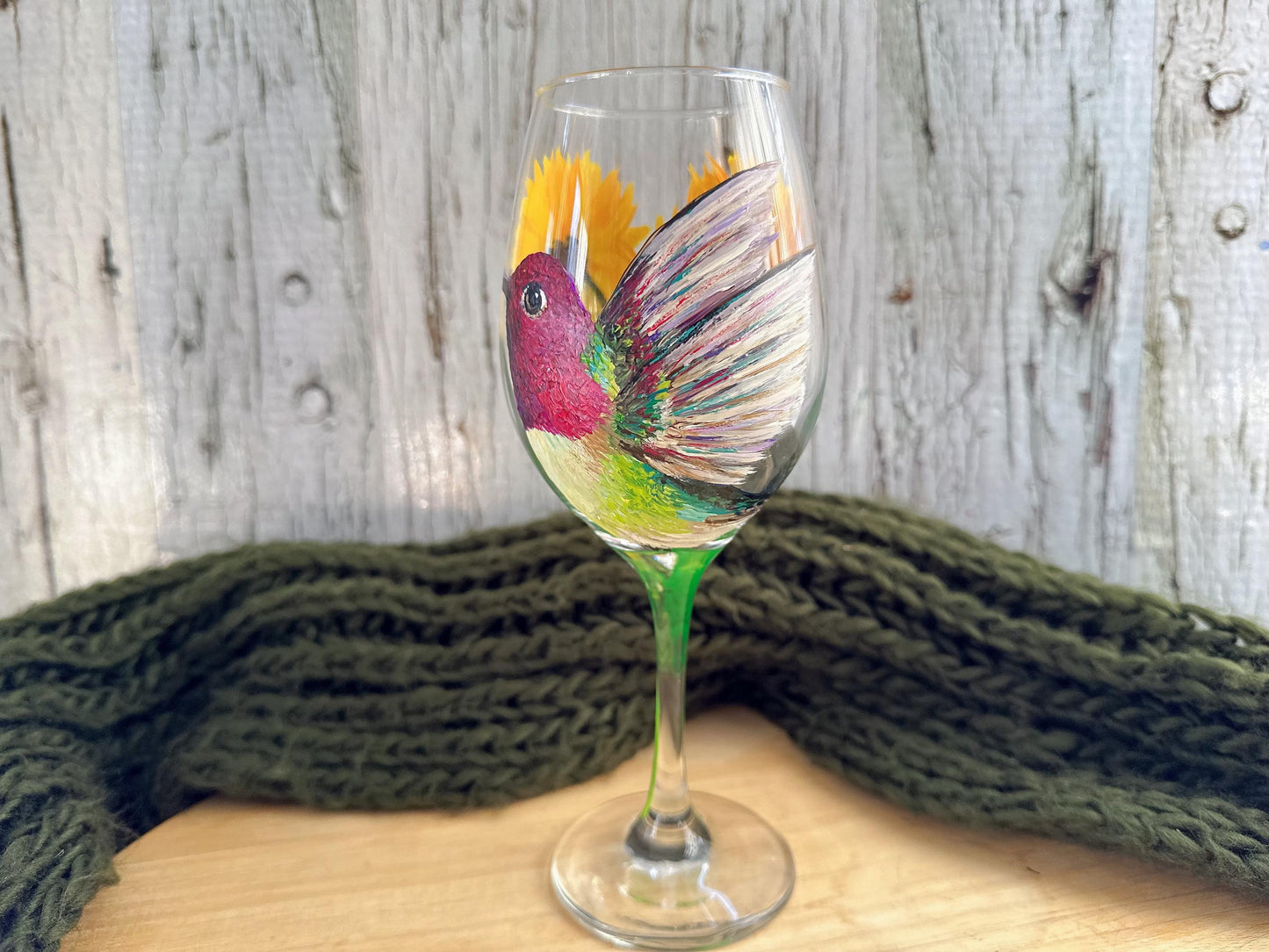 Hand painted Humming Bird wine glass, Mothers day gift, Wedding, Anniversary, Gift for Mom, Bird lover gift, Hummingbird gifts