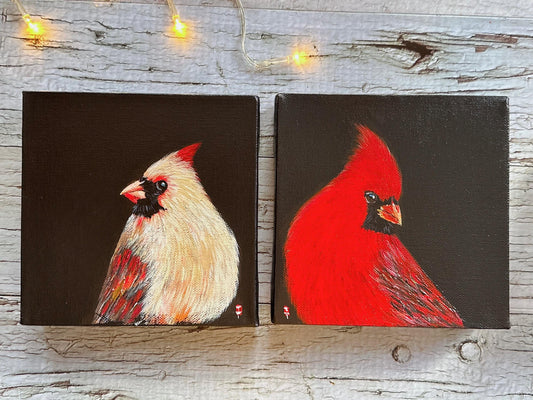 Set of 2 Cardinal Painting 6" x 6", Cardinal Bird Artwork, Red Cardinal Bird, Bird Lover Gift, Cardinal Memorial gift, Cardinal Sympathy