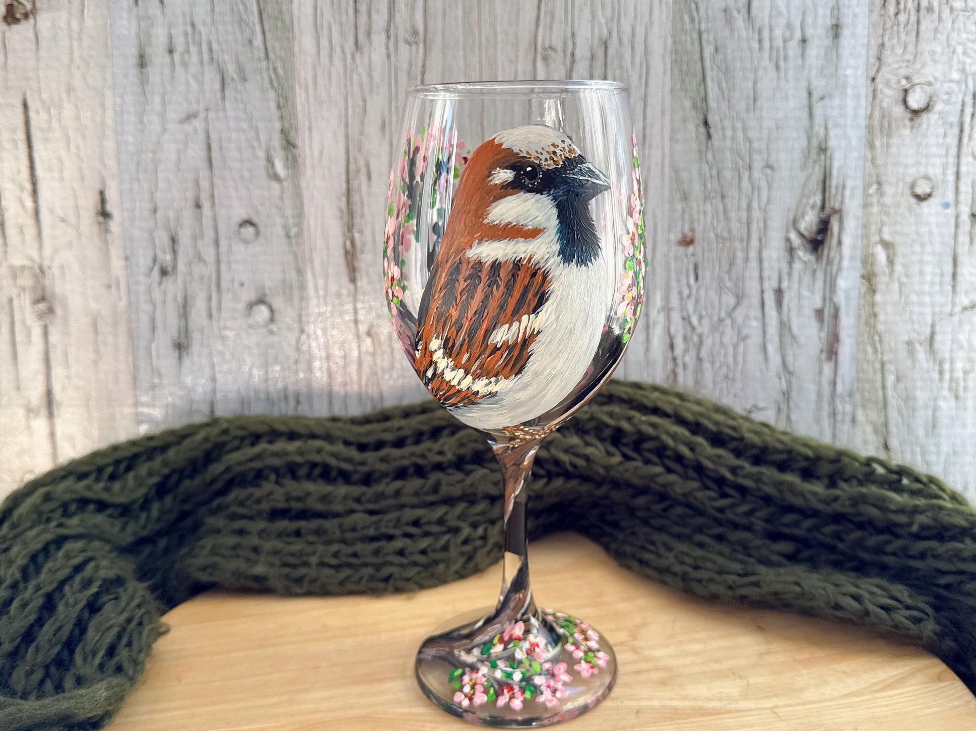 Hand-Painted House Sparrow Wine Glass: Bird Lover Gift