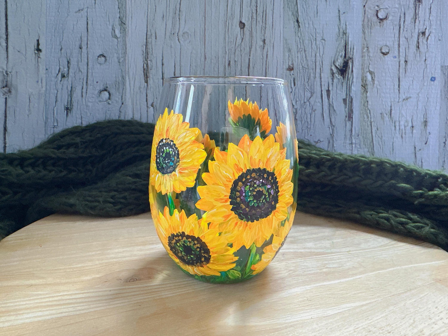 Stemless Sunflower Wine Glass, Hand painted Sunflower Wine Glass, Sunflower Wedding Gift, Sunflower Gift For Couple, Gift For Mom, Dad Gift