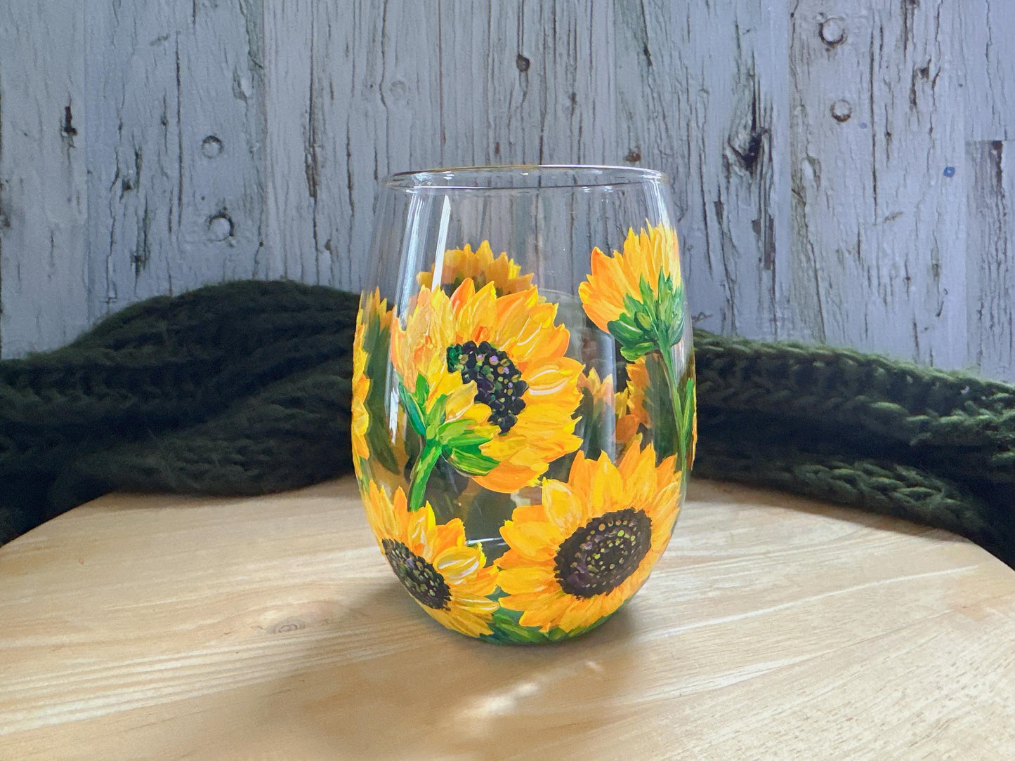 Stemless Sunflower Wine Glass, Hand painted Sunflower Wine Glass, Sunflower Wedding Gift, Sunflower Gift For Couple, Gift For Mom, Dad Gift