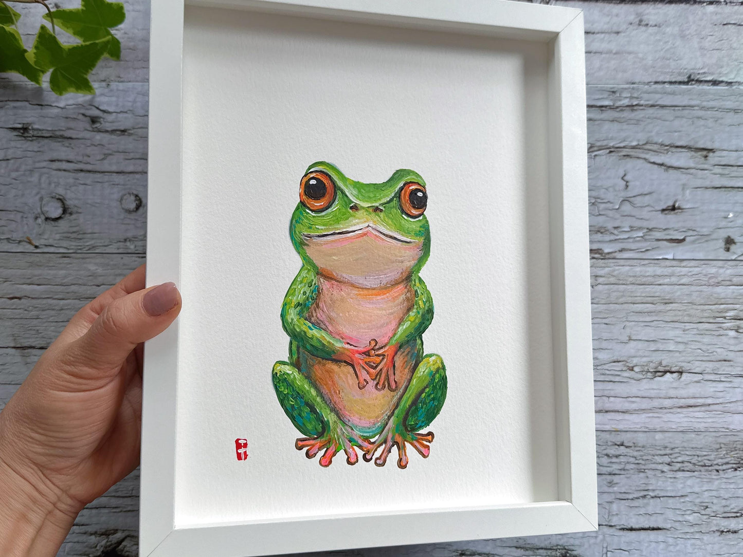 Original Framed Tree Frog Painting, Whimsical Wildlife Wall Art Ready to Hang, Nursery Decor