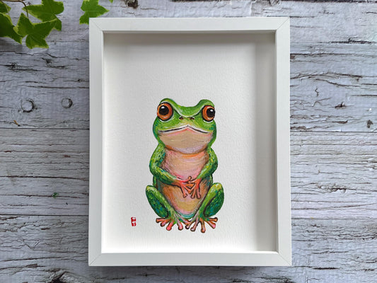 Original Framed Tree Frog Painting, Whimsical Wildlife Wall Art Ready to Hang, Nursery Decor