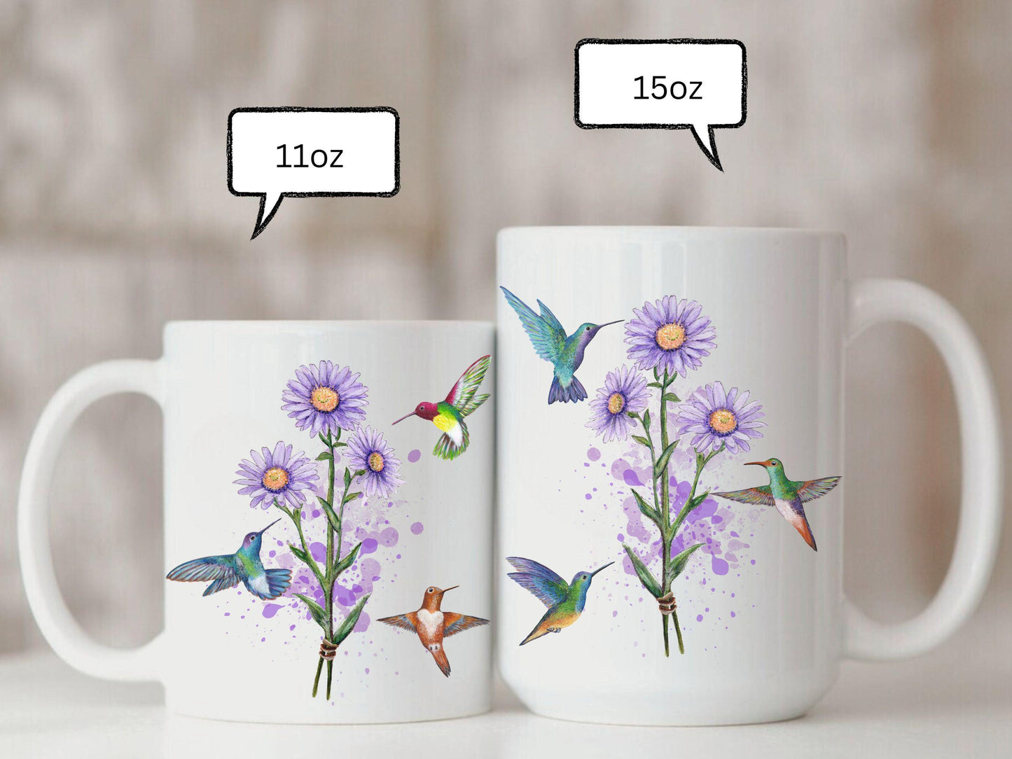 Personalized Aster Flower Mug, Hummingbird Art, September Birthday Gift