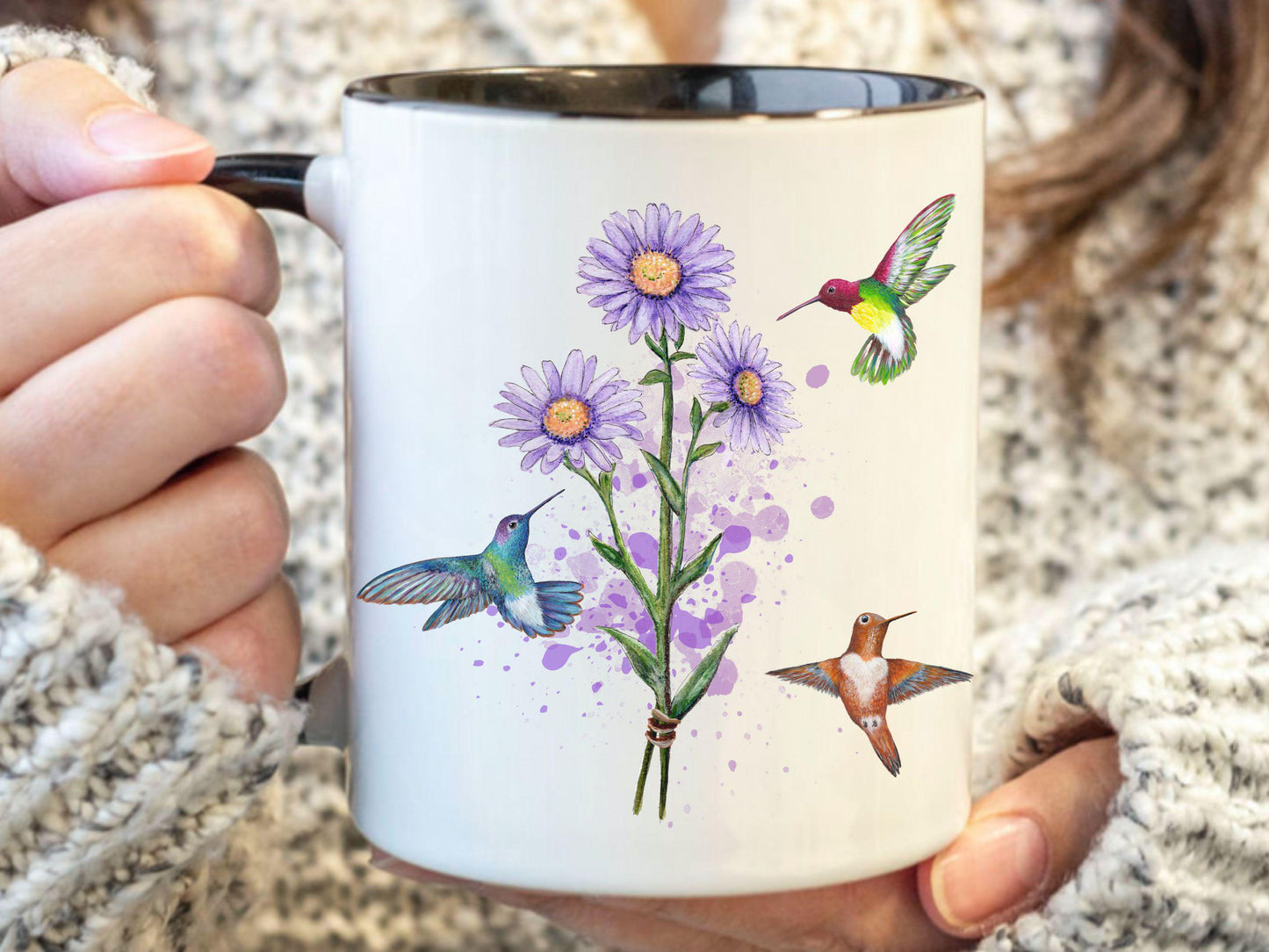 Personalized Aster Flower Mug, Hummingbird Art, September Birthday Gift