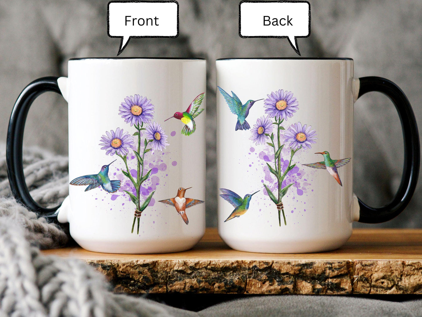 Personalized Aster Flower Mug, Hummingbird Art, September Birthday Gift