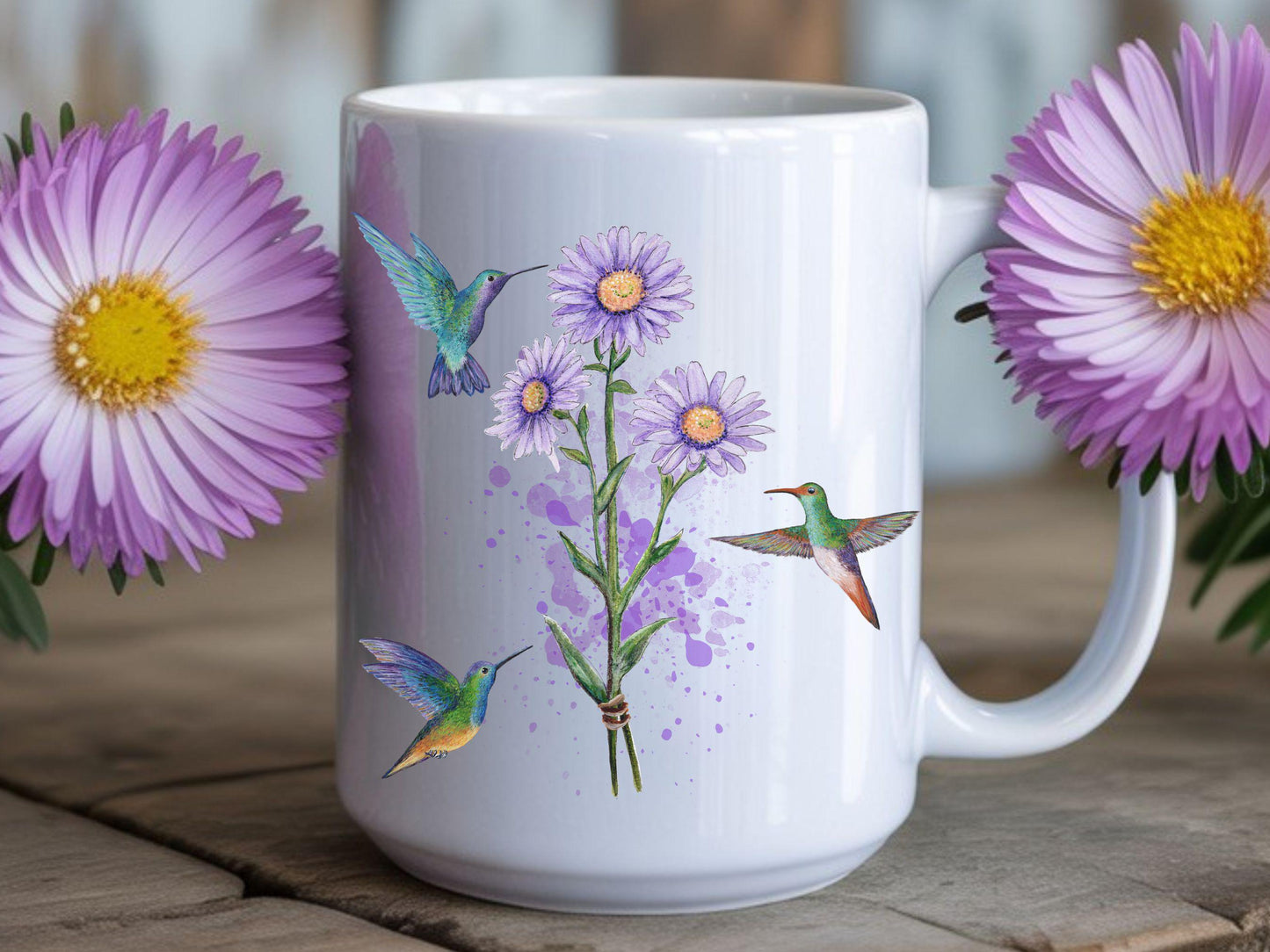 Personalized Aster Flower Mug, Hummingbird Art, September Birthday Gift