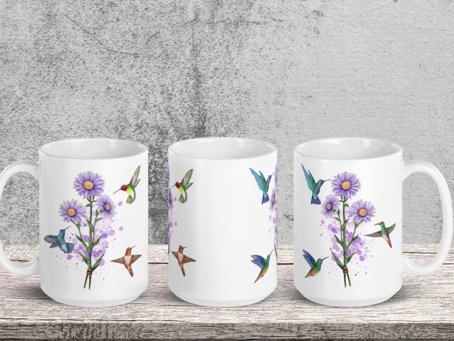 Personalized Aster Flower Mug, Hummingbird Art, September Birthday Gift