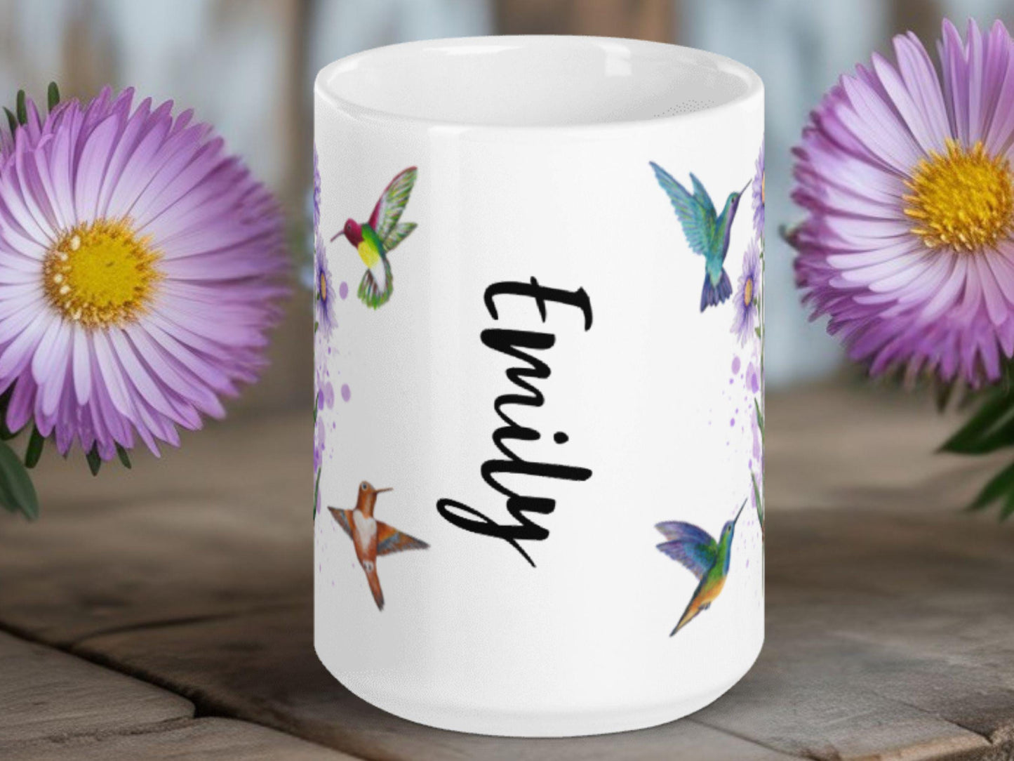 Personalized Aster Flower Mug, Hummingbird Art, September Birthday Gift