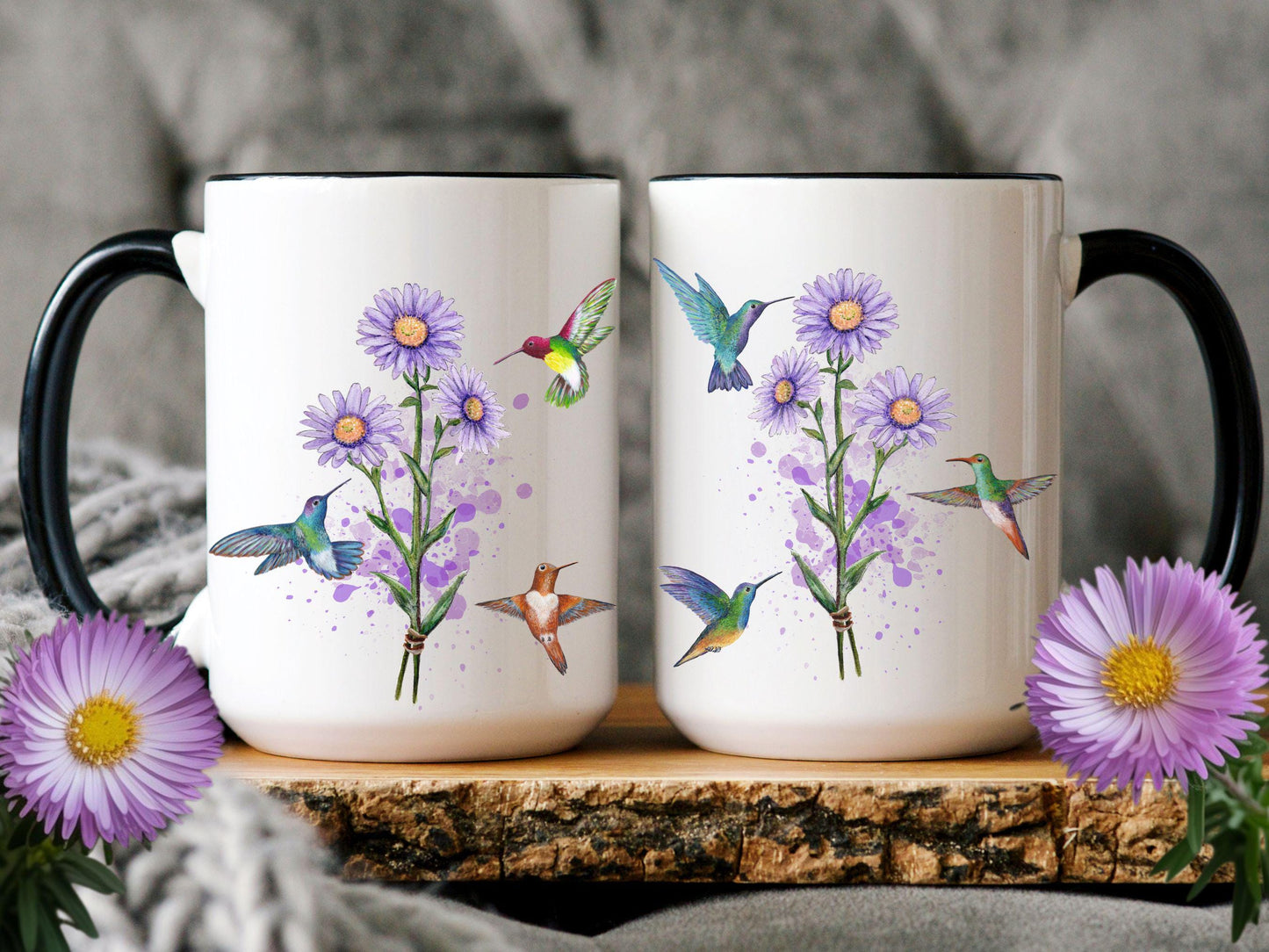 Personalized Aster Flower Mug, Hummingbird Art, September Birthday Gift