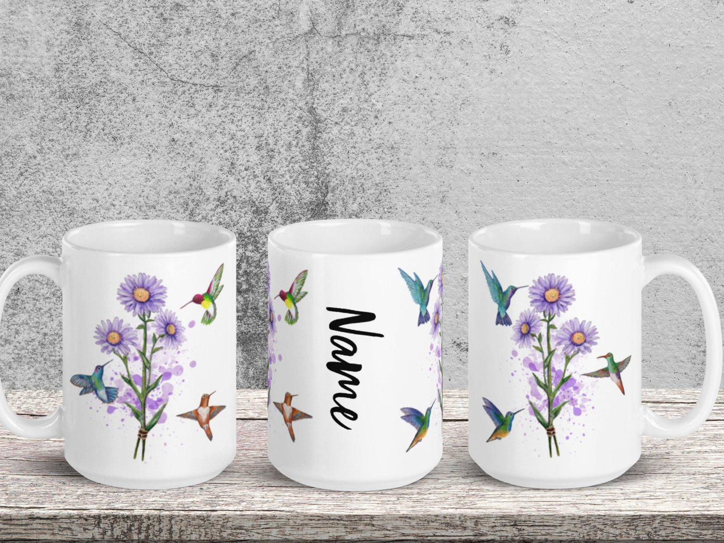 Personalized Aster Flower Mug, Hummingbird Art, September Birthday Gift