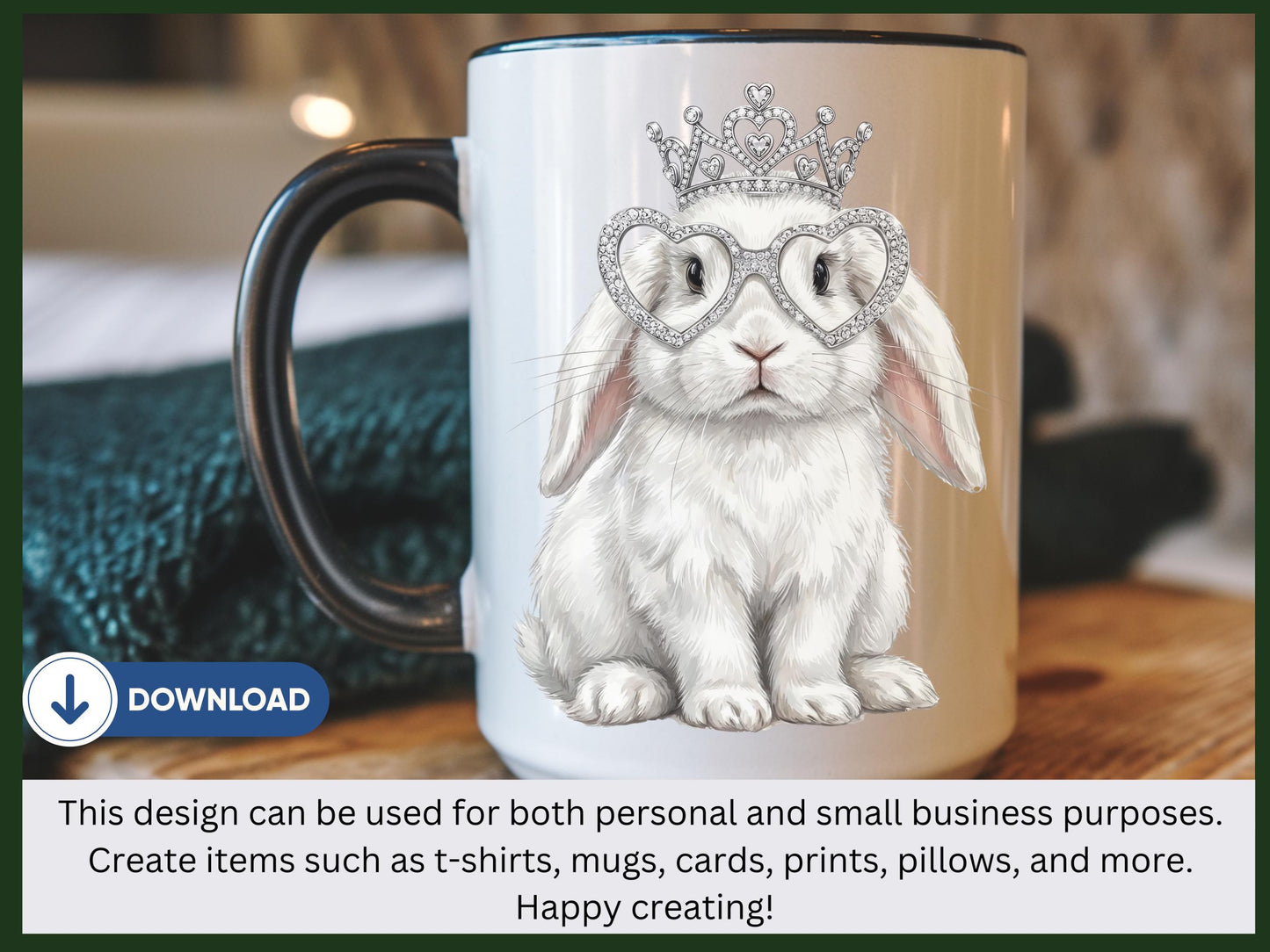 Princess Bunny Digital Download, Cute Rabbit Wall Art, Bunny with Crown and Heart Glasses, Nursery Decor Printable, Kawaii Bunny Art
