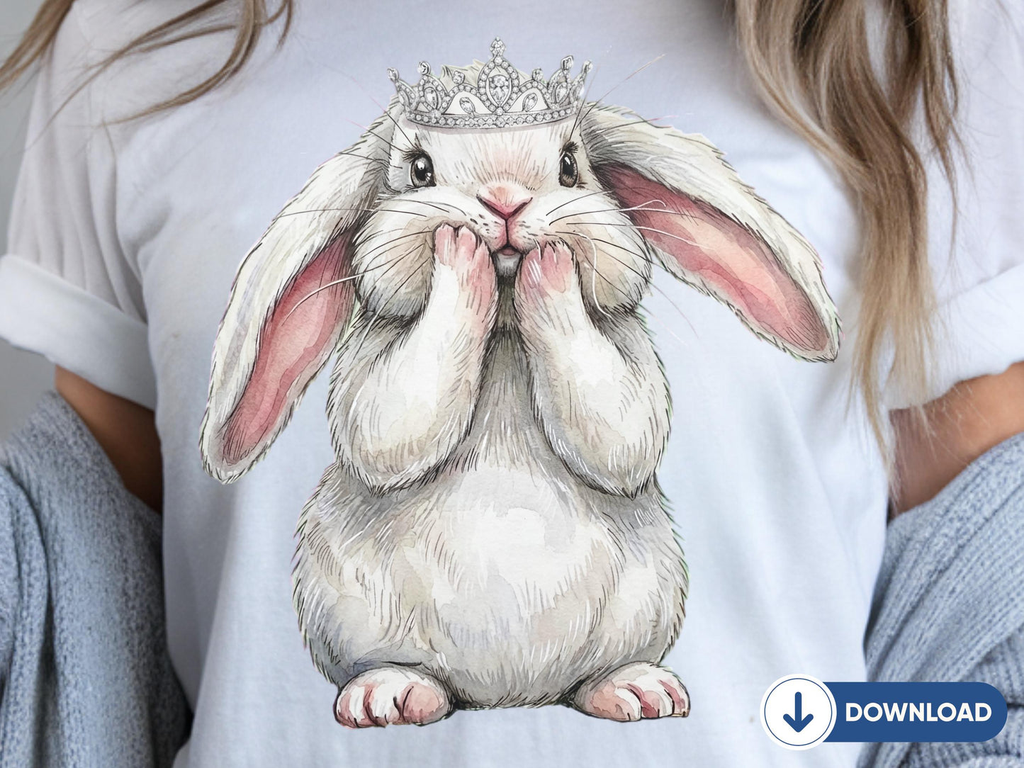 Easter Bunny PNG, Princess Bunny, Cute Rabbit Wall Art, Bunny with Crown, Coquette, Spring Nursery Decor Printable, Kawaii Bunny Art