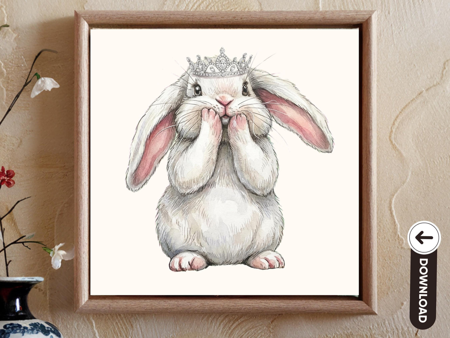 Easter Bunny PNG, Princess Bunny, Cute Rabbit Wall Art, Bunny with Crown, Coquette, Spring Nursery Decor Printable, Kawaii Bunny Art