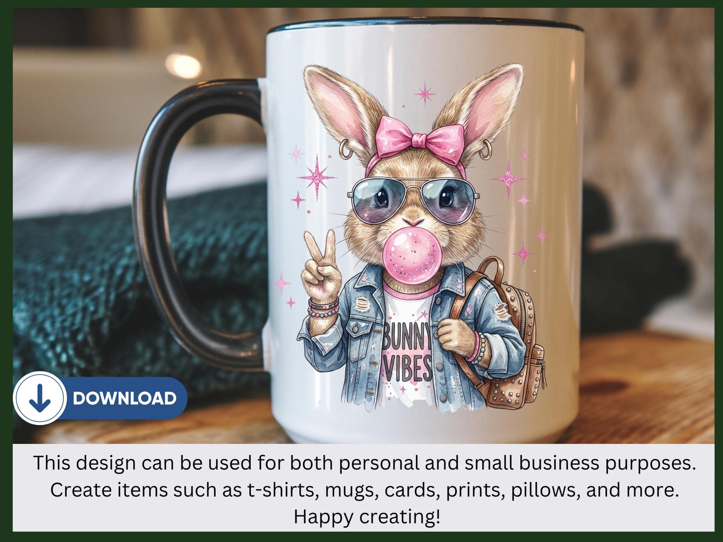3 Bunny Vibes Digital Download, Cool Bunny Printable, Trendy Rabbit with Denim Jacket and Sunglasses, Bunny Lover Gift, BubbleGum Bunny