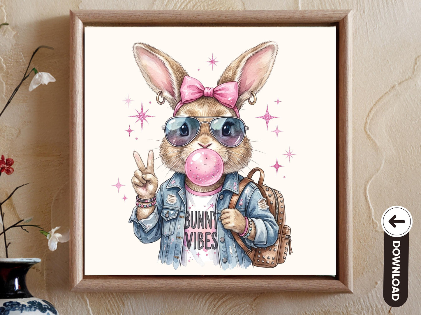 3 Bunny Vibes Digital Download, Cool Bunny Printable, Trendy Rabbit with Denim Jacket and Sunglasses, Bunny Lover Gift, BubbleGum Bunny
