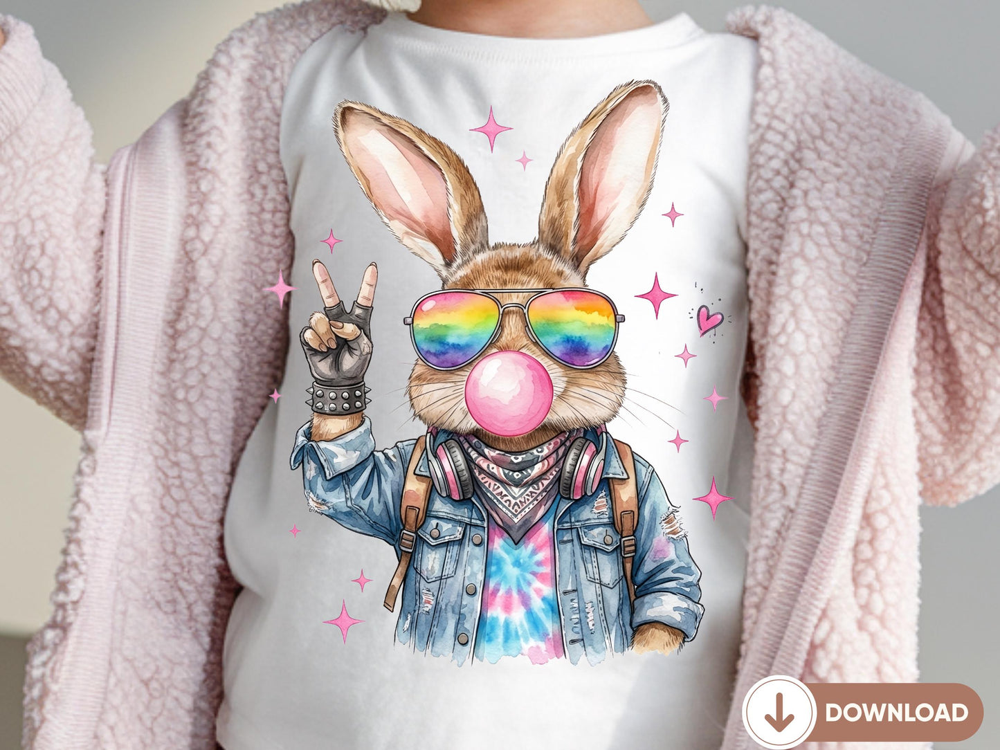 3 Bunny Vibes Digital Download, Cool Bunny Printable, Trendy Rabbit with Denim Jacket and Sunglasses, Bunny Lover Gift, BubbleGum Bunny
