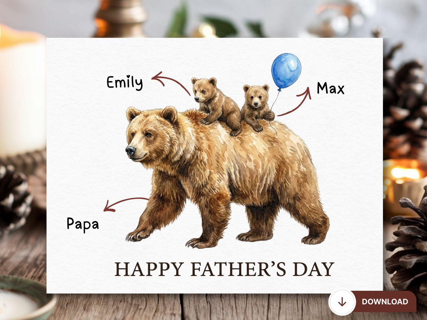 Digital Grizzly Bear Father’s Day Card, Watercolor Bear Family Art, Cute Bear Cub with Daddy, Happy Father's Day Printable, Papa Bear Card