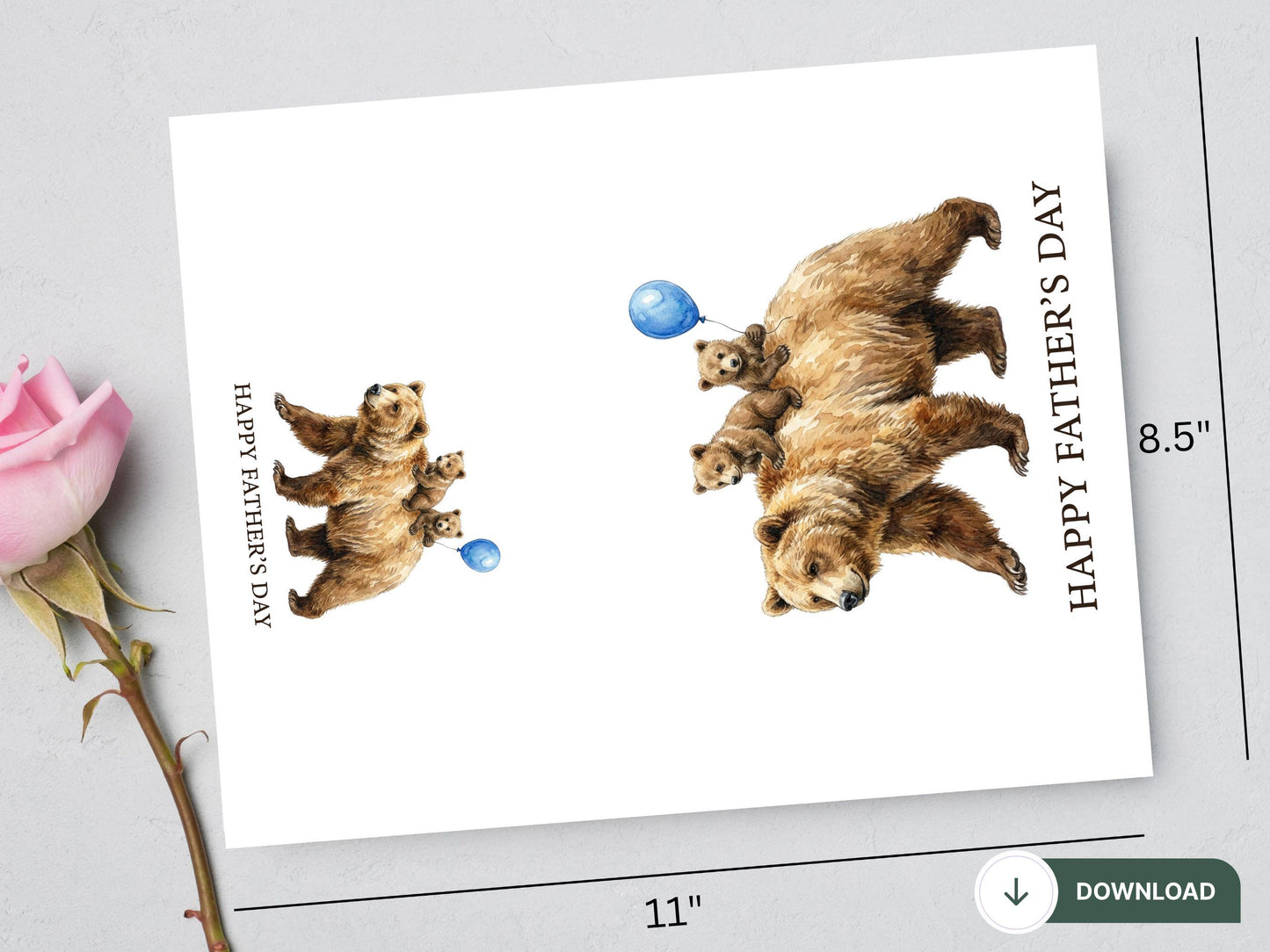 Digital Grizzly Bear Father’s Day Card, Watercolor Bear Family Art, Cute Bear Cub with Daddy, Happy Father's Day Printable, Papa Bear Card