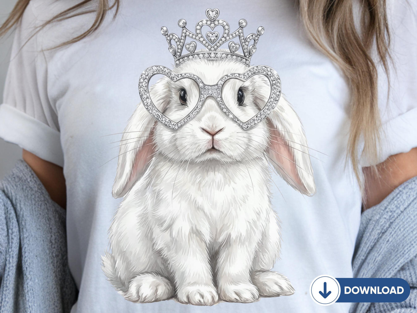 Princess Bunny Digital Download, Cute Rabbit Wall Art, Bunny with Crown and Heart Glasses, Nursery Decor Printable, Kawaii Bunny Art
