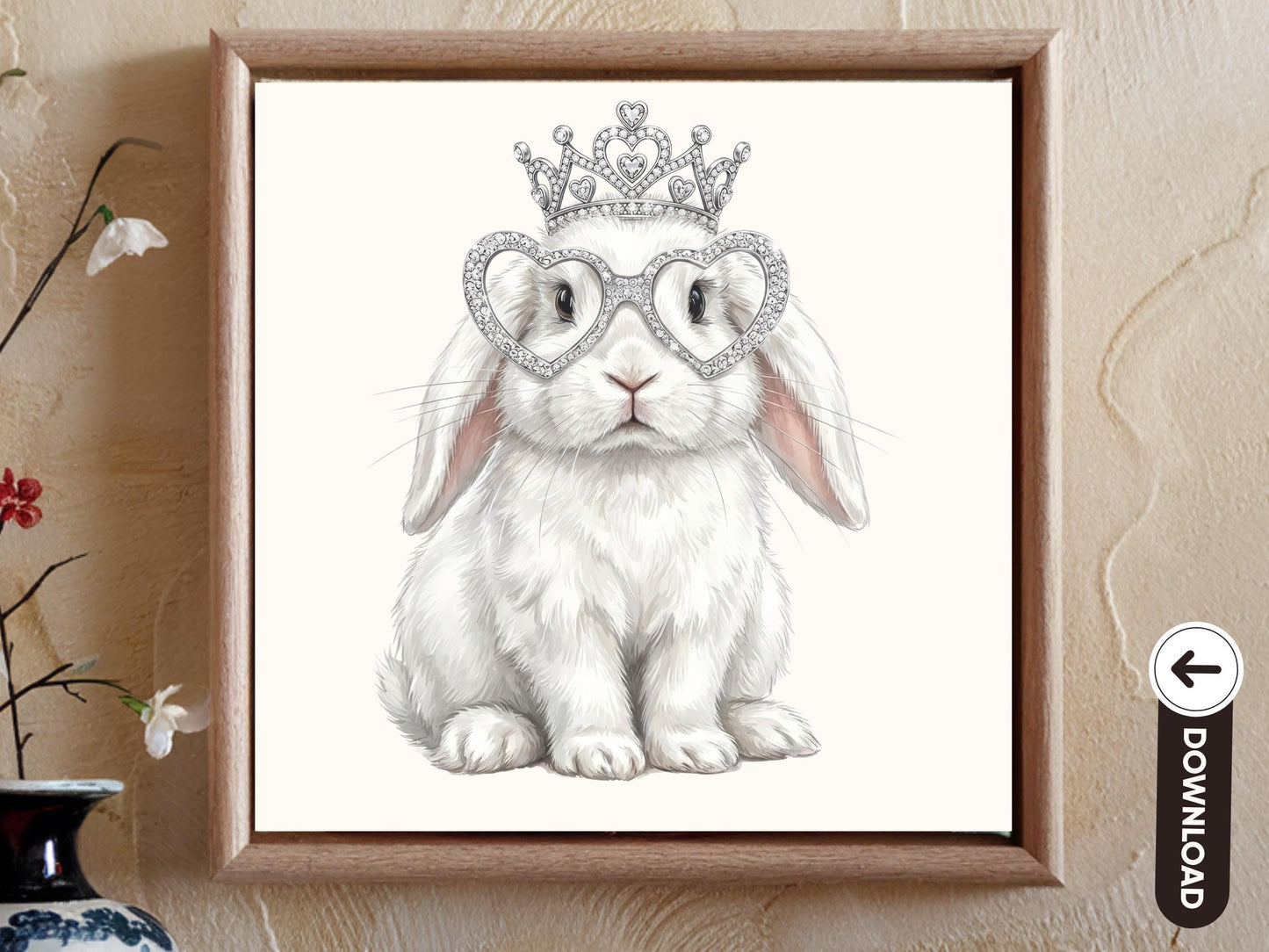 Princess Bunny Digital Download, Cute Rabbit Wall Art, Bunny with Crown and Heart Glasses, Nursery Decor Printable, Kawaii Bunny Art