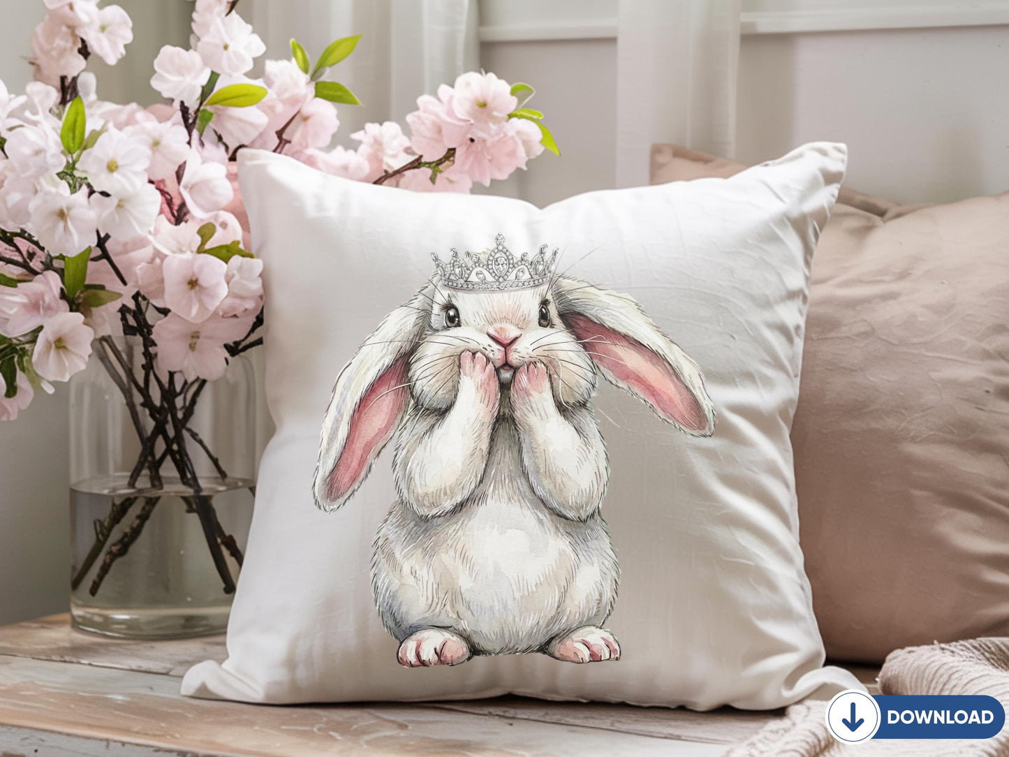 Easter Bunny PNG, Princess Bunny, Cute Rabbit Wall Art, Bunny with Crown, Coquette, Spring Nursery Decor Printable, Kawaii Bunny Art