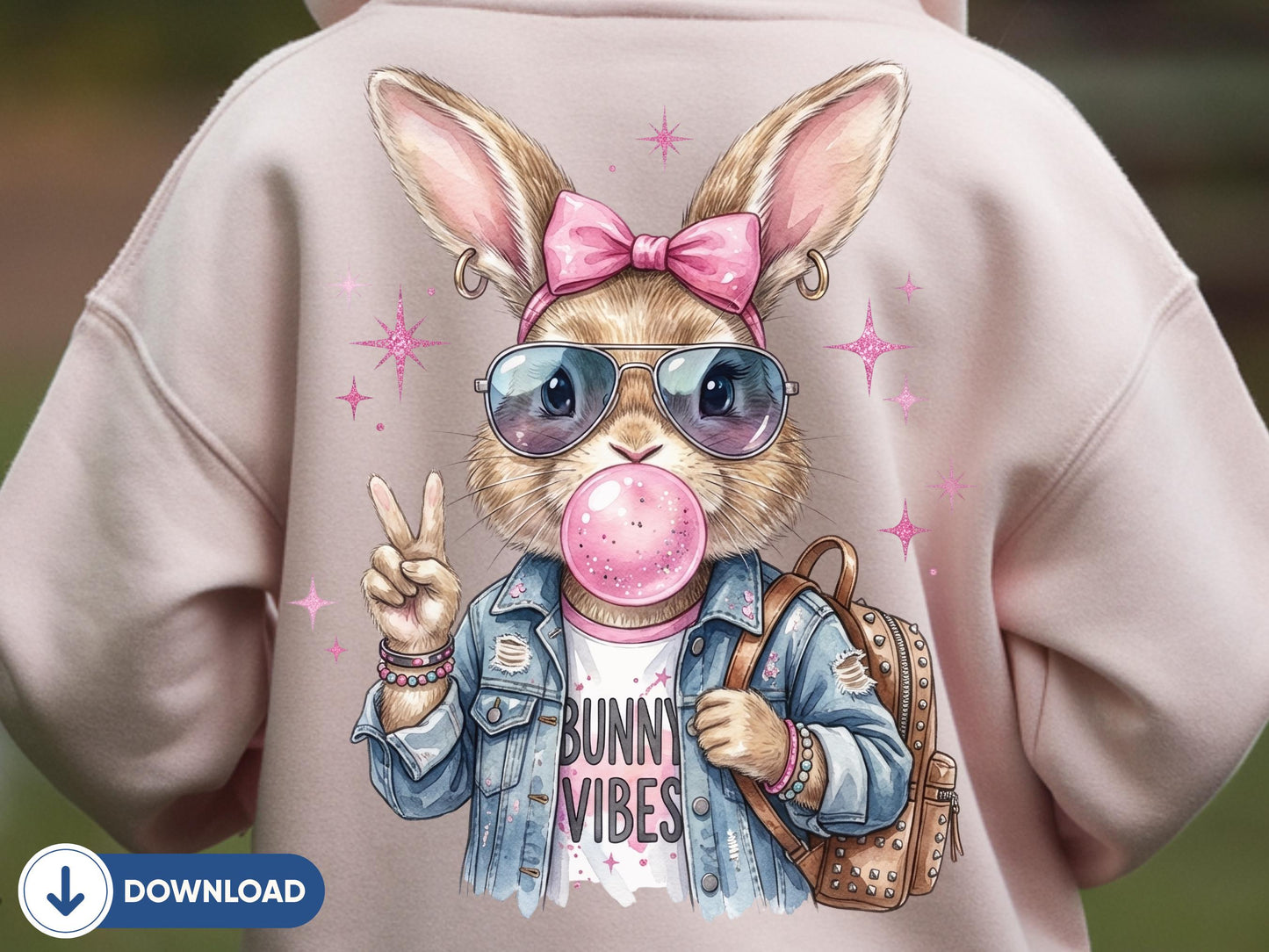 3 Bunny Vibes Digital Download, Cool Bunny Printable, Trendy Rabbit with Denim Jacket and Sunglasses, Bunny Lover Gift, BubbleGum Bunny