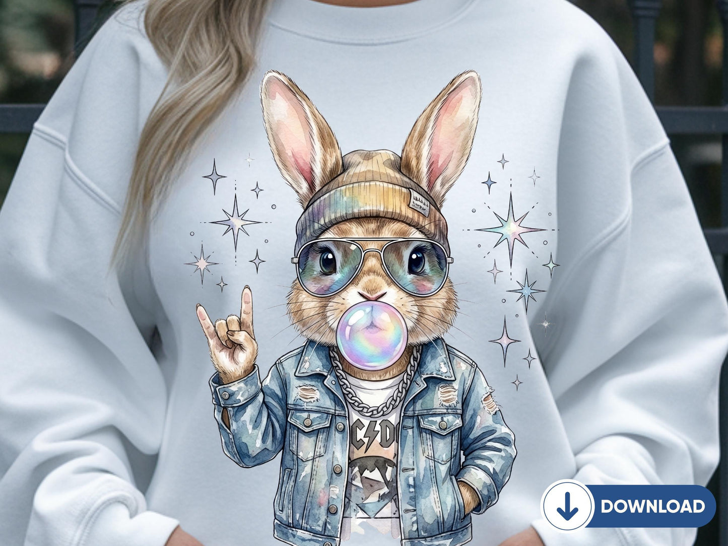 3 Bunny Vibes Digital Download, Cool Bunny Printable, Trendy Rabbit with Denim Jacket and Sunglasses, Bunny Lover Gift, BubbleGum Bunny