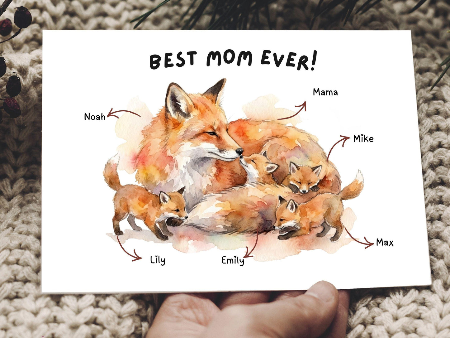 Fox Mother’s Day Card Printable, Watercolor Fox Family Art, Mama Fox and Baby Foxes, Woodland Animal Mother's Day Gift, Digital Download