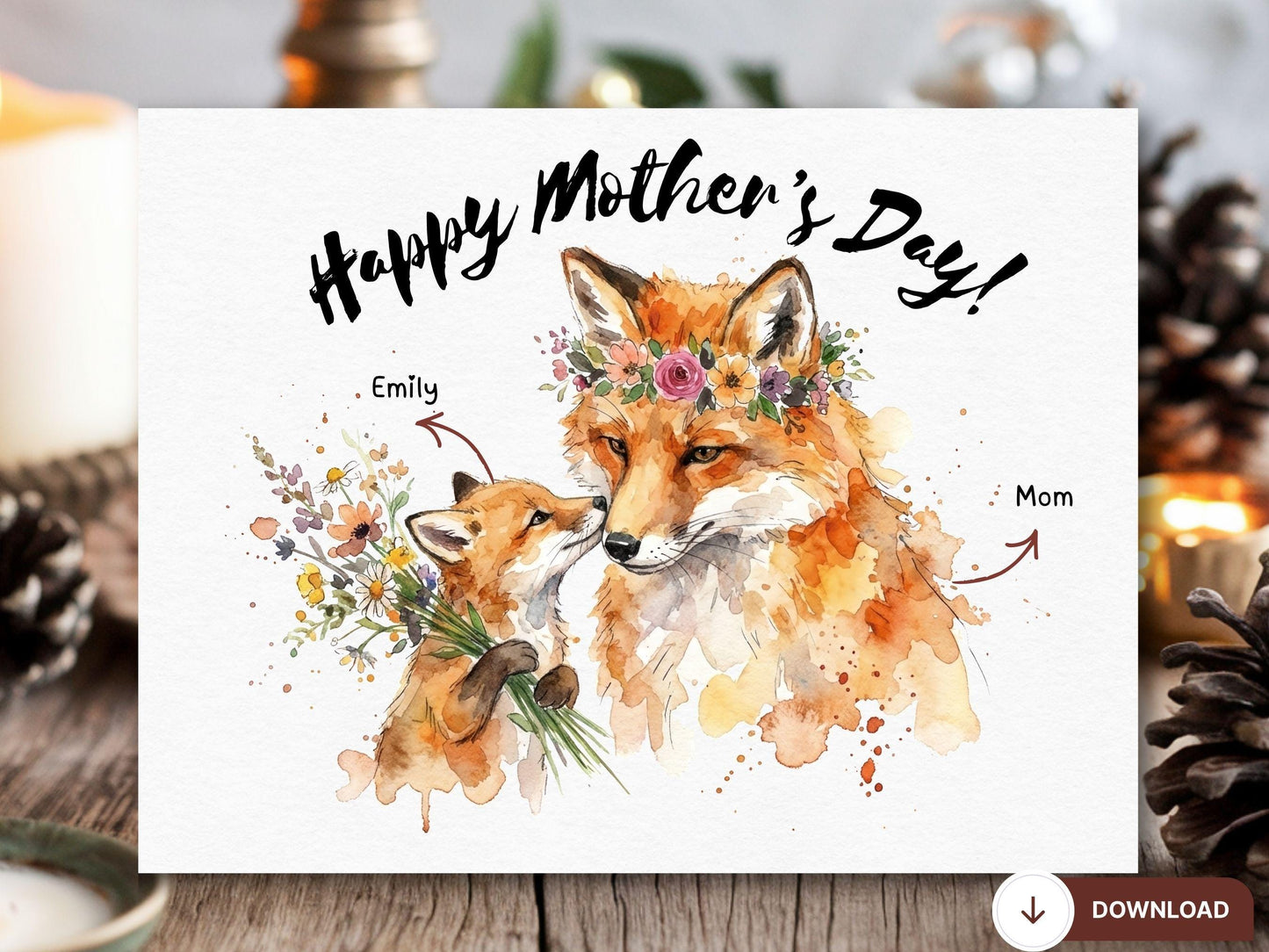 Watercolor Fox and baby Card, Woodland Mother's Day Art (Digital Download)
