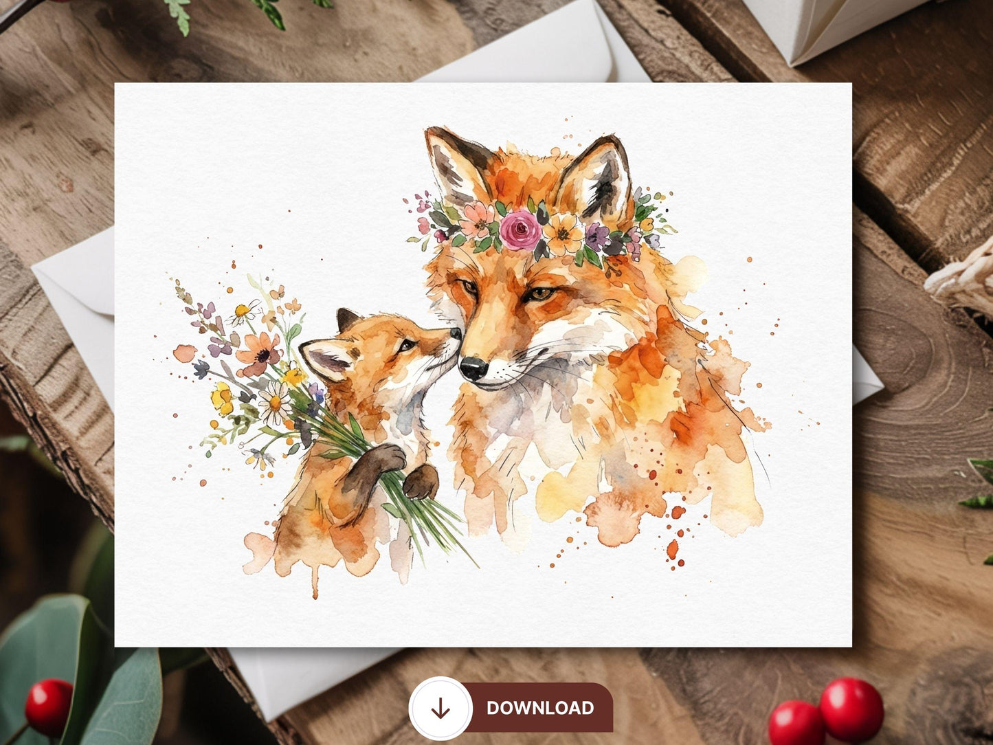 Watercolor Fox and baby Card, Woodland Mother's Day Art (Digital Download)