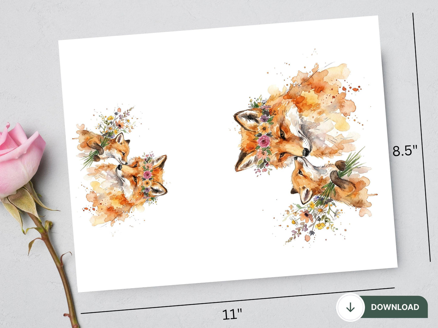 Watercolor Fox and baby Card, Woodland Mother's Day Art (Digital Download)