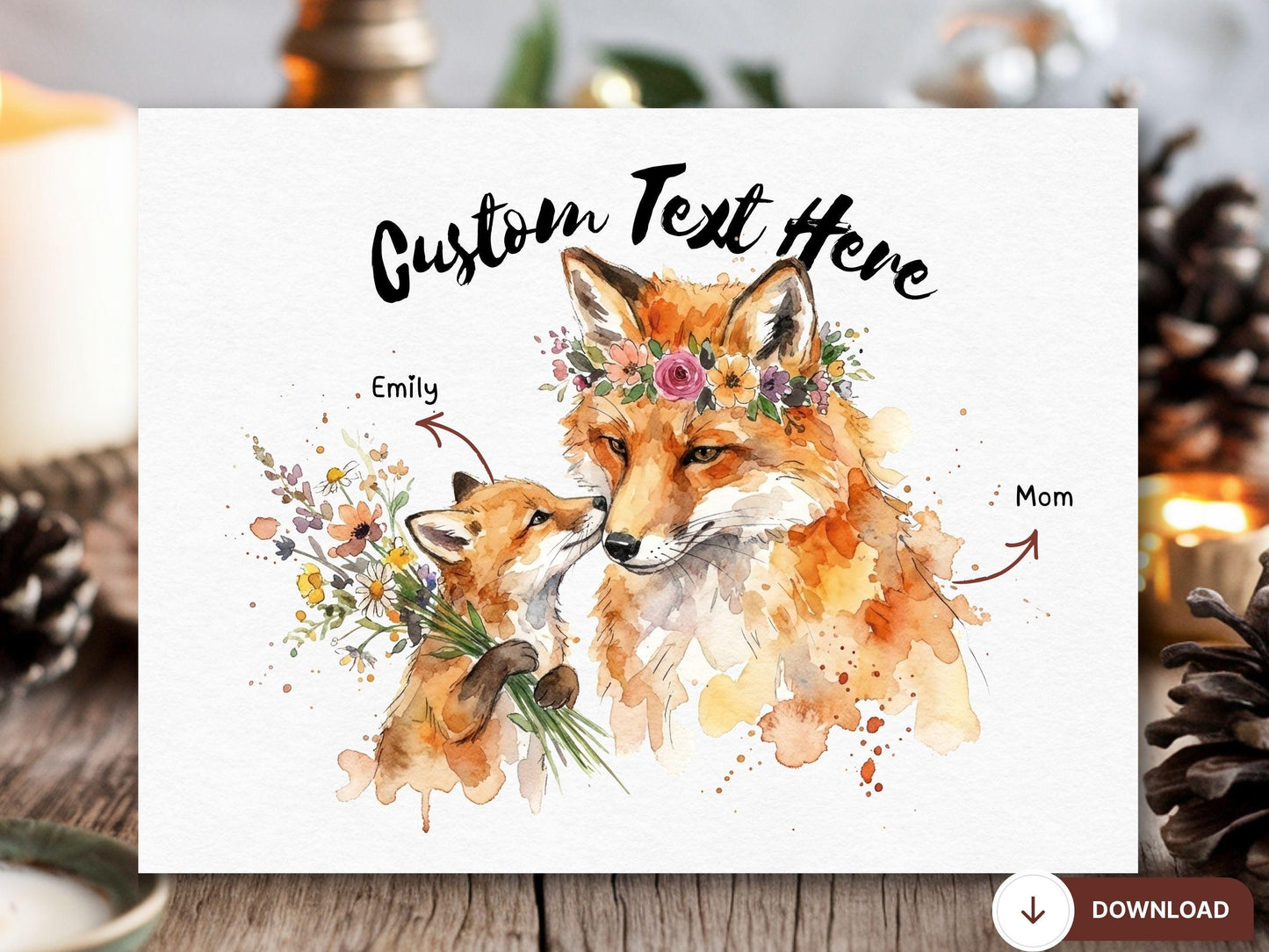 Watercolor Fox and baby Card, Woodland Mother's Day Art (Digital Download)