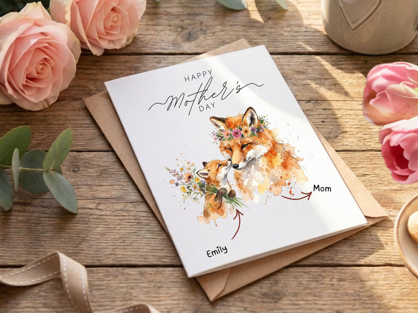 Watercolor Fox and baby Card, Woodland Mother's Day Art (Digital Download)