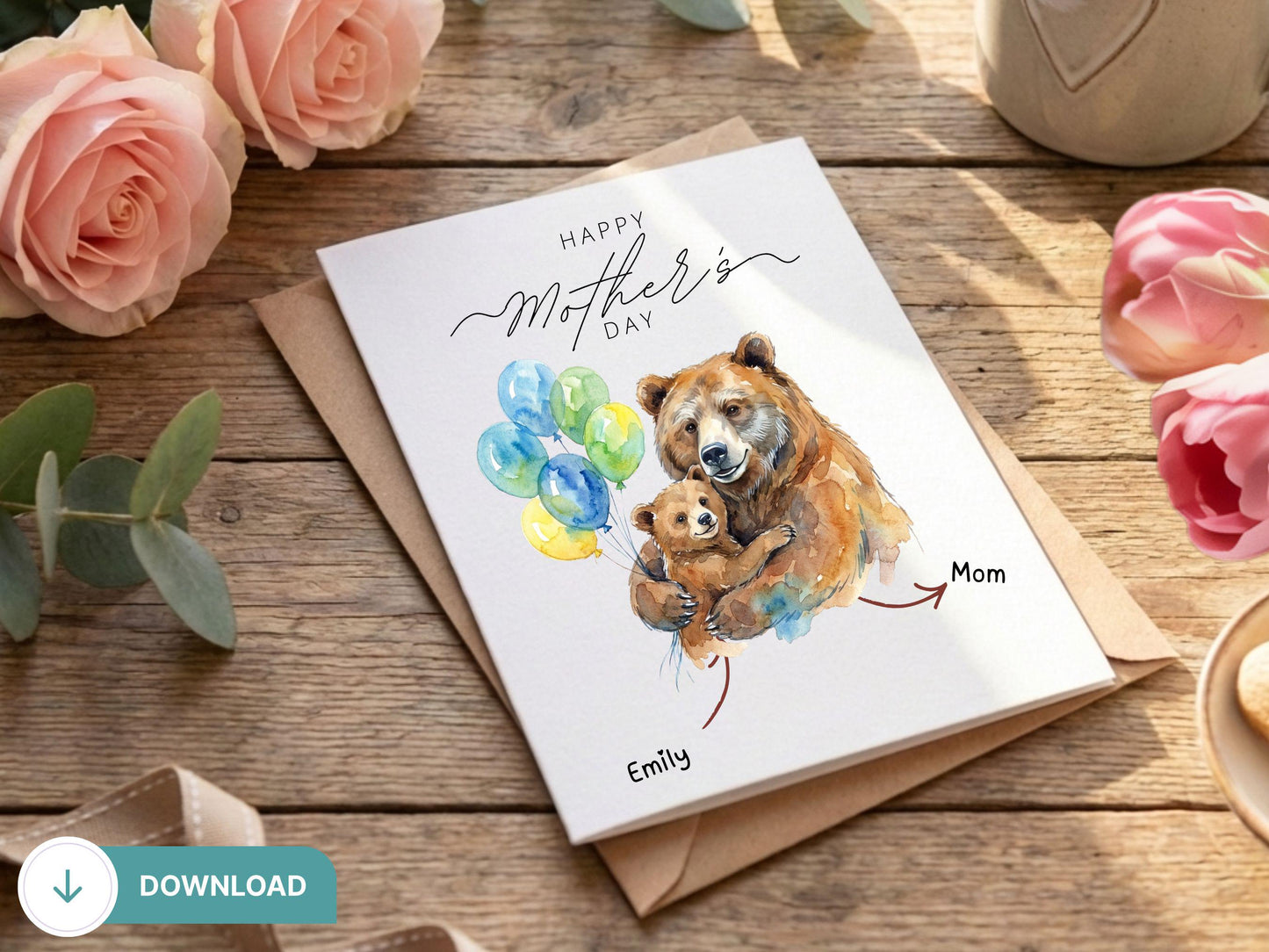 Digital Bear Father’s Day Card, Bear Mothers Day, Papa Bear Card, Dad Bear Gift, Father Bear Cub, Wildlife Dad Card, Cute Bear Cub