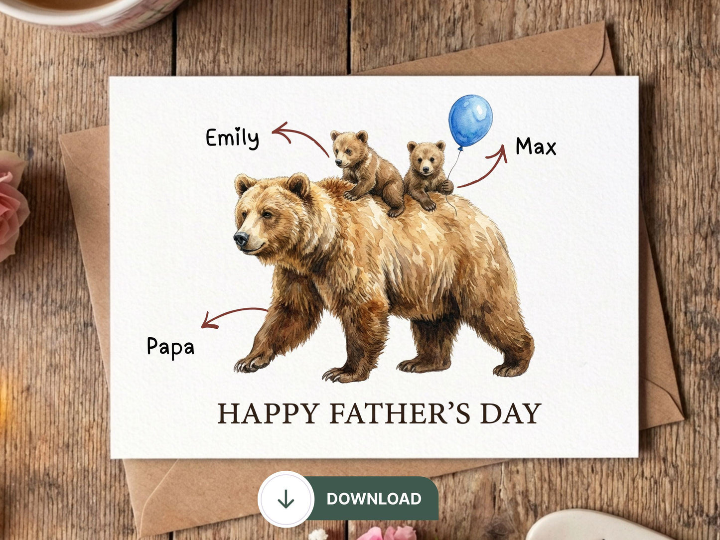 Digital Grizzly Bear Father’s Day Card, Watercolor Bear Family Art, Cute Bear Cub with Daddy, Happy Father's Day Printable, Papa Bear Card