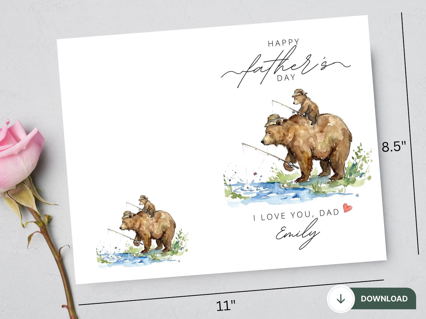 Digital Fishing Bear Dad Card, Grandpa Fishing, Daddy Baby Fishing, Papa Bear Fishing, Dad and Son Fishing,  Dad and Me, Fathers Day Card