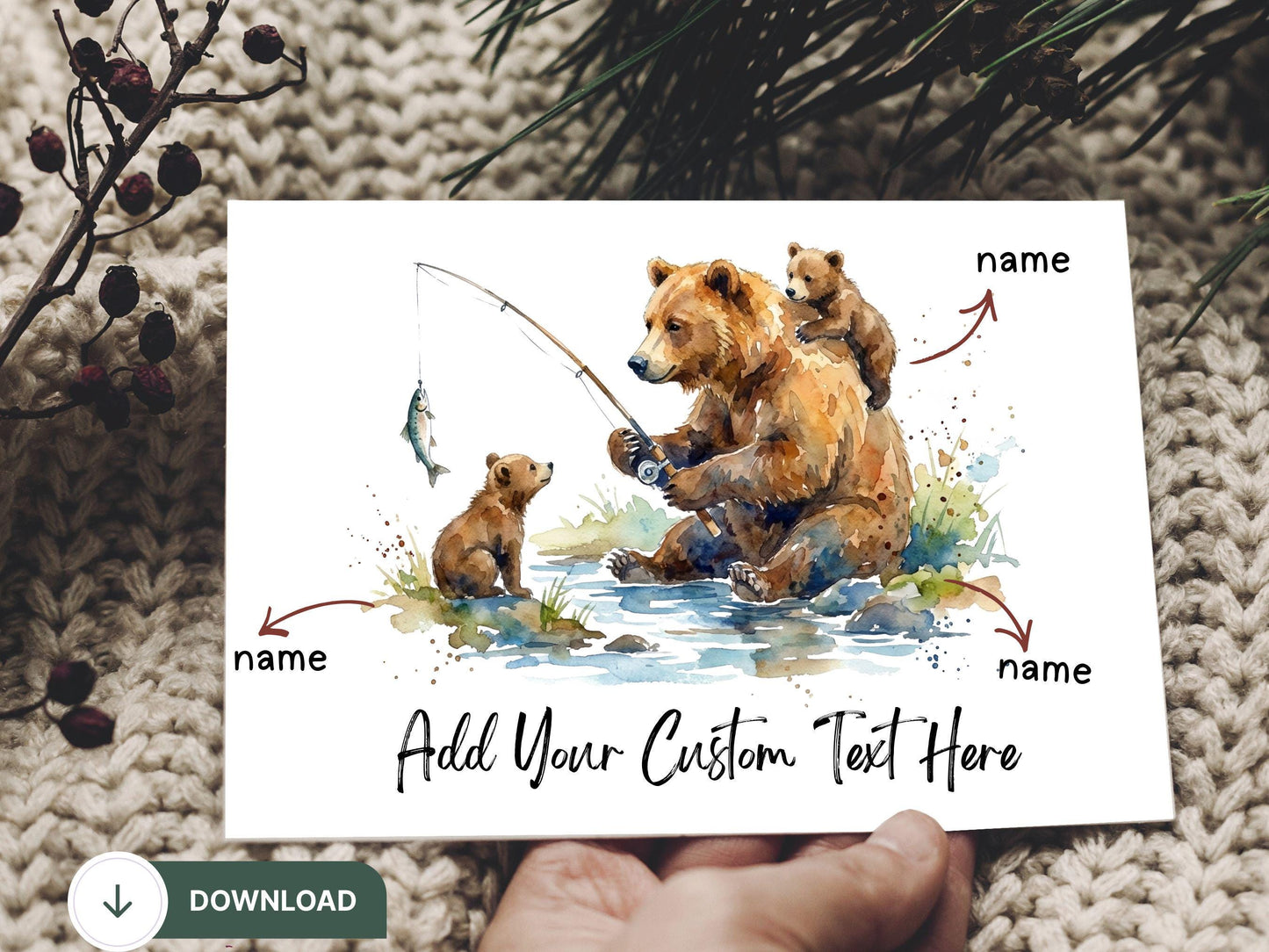 Digital Fishing Fathers Day Card, Papa Bear Fishing Card, Dad & Cub Bear, Grandpa Fishing, Papa Bear Fishing, Dad and Me, Reel Cool Dad