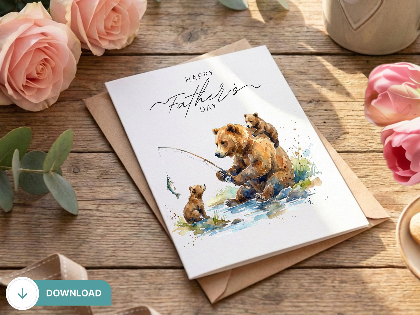 Digital Fishing Fathers Day Card, Papa Bear Fishing Card, Dad & Cub Bear, Grandpa Fishing, Papa Bear Fishing, Dad and Me, Reel Cool Dad