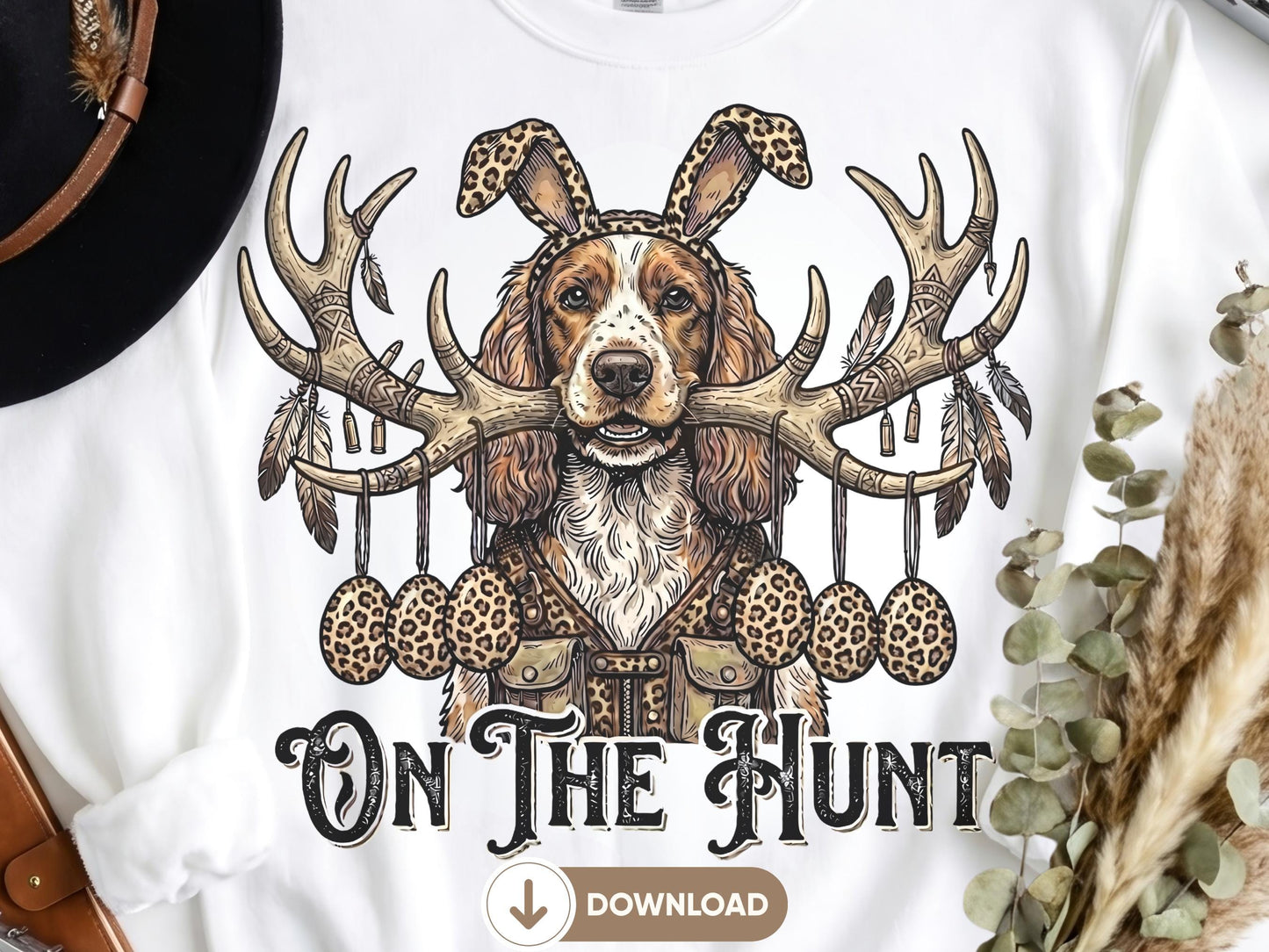 Funny Easter Dog PNG, Bunny Ears Dog, Brittany Spaniel, Hunting Dog, On The Hunt Dog, Leopard Bunny Ear, Leopard Egg (Digital Download)