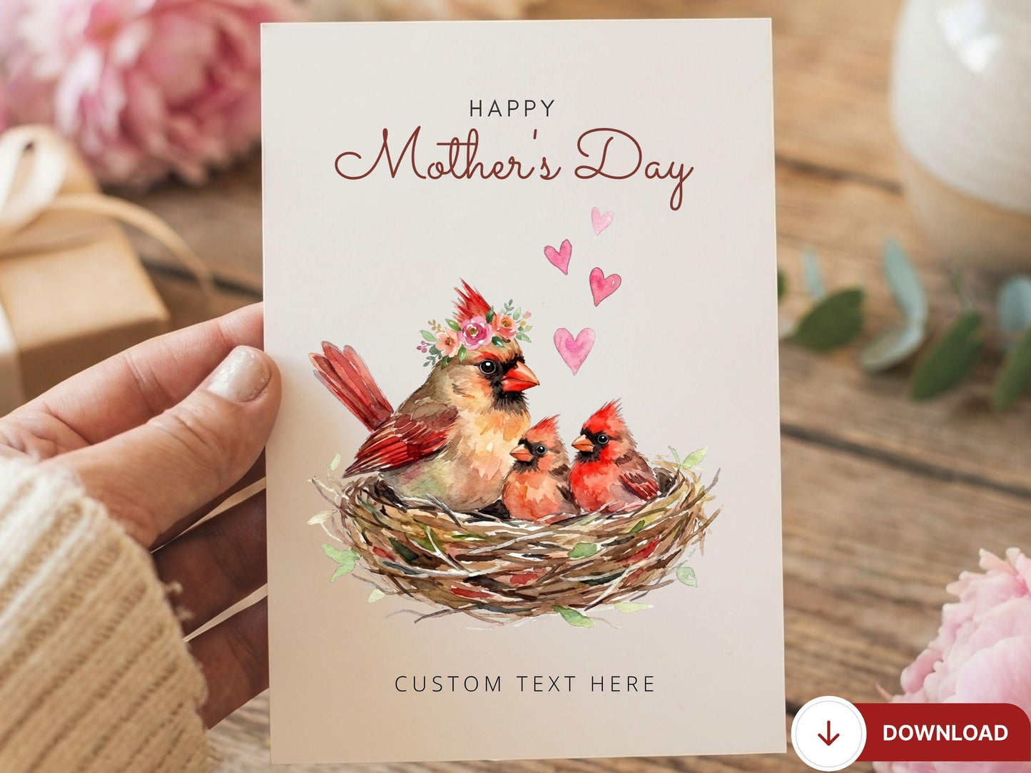 Digital Mother’s Day Cardinal Card, Bird Nest Mom Card, Cardinal Lover Gift, Mom Birthday Card, Baby Bird Nest Art, Printable Greeting Card