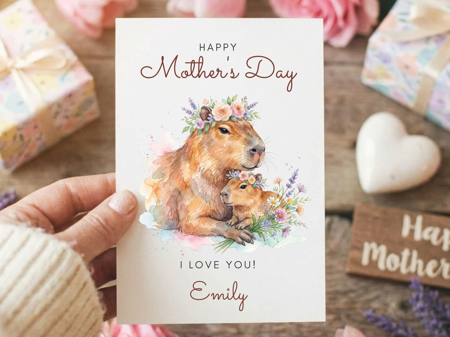 Digital Capybara Mother's Day Card, Cute Mama Capybara Baby Card, Printable Mother's Day Card, Watercolor Animal Mom Card, Capybara Floral