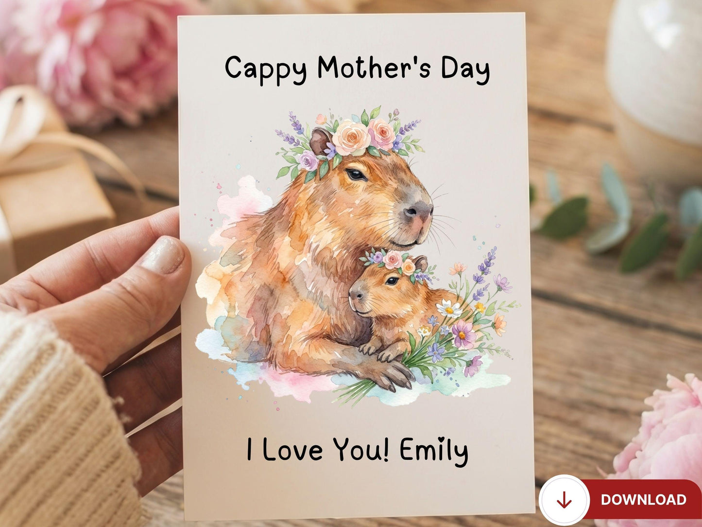 Digital Capybara Mother's Day Card, Cute Mama Capybara Baby Card, Printable Mother's Day Card, Watercolor Animal Mom Card, Capybara Floral