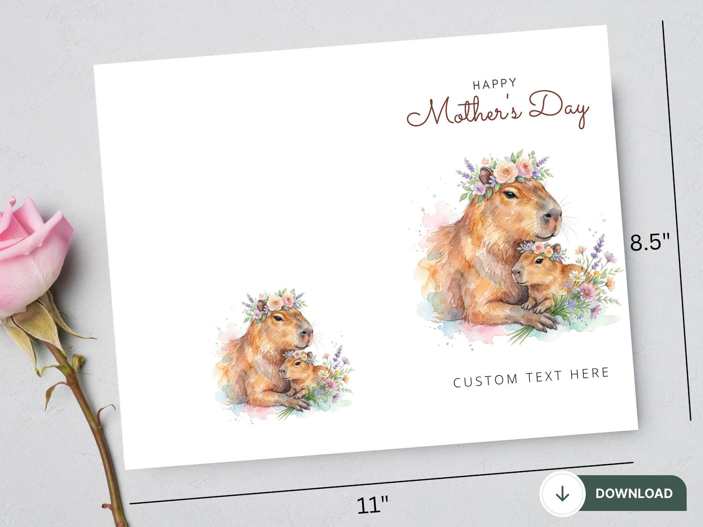 Digital Capybara Mother's Day Card, Cute Mama Capybara Baby Card, Printable Mother's Day Card, Watercolor Animal Mom Card, Capybara Floral