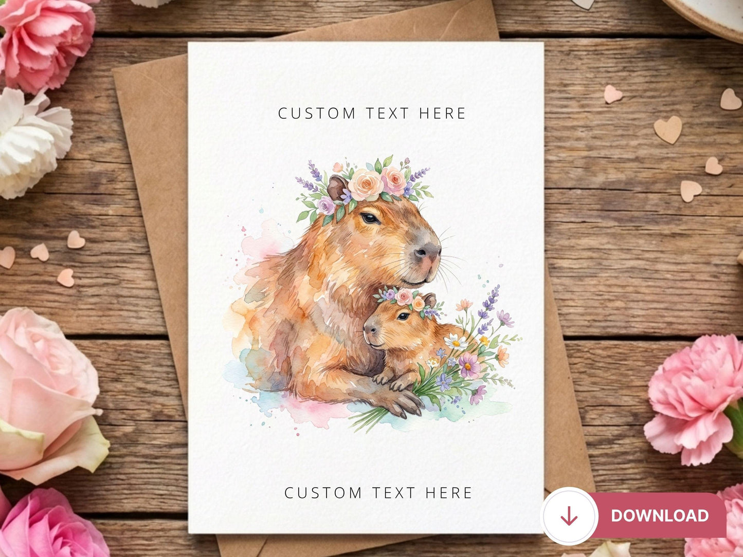 Digital Capybara Mother's Day Card, Cute Mama Capybara Baby Card, Printable Mother's Day Card, Watercolor Animal Mom Card, Capybara Floral