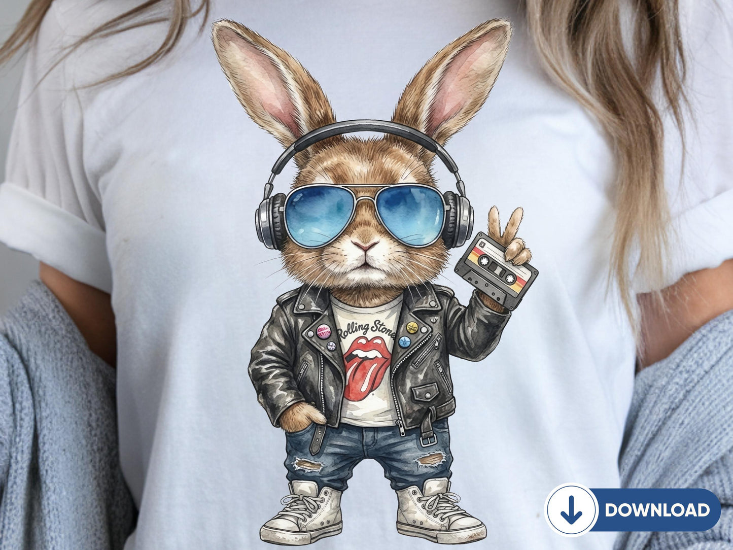 Funny Easter Bunny PNG, Retro Bunny With Headphones, Peace Sign Rabbit Shirt Design, Punk Rock Bunny Sublimation, Bunny Lover Gift