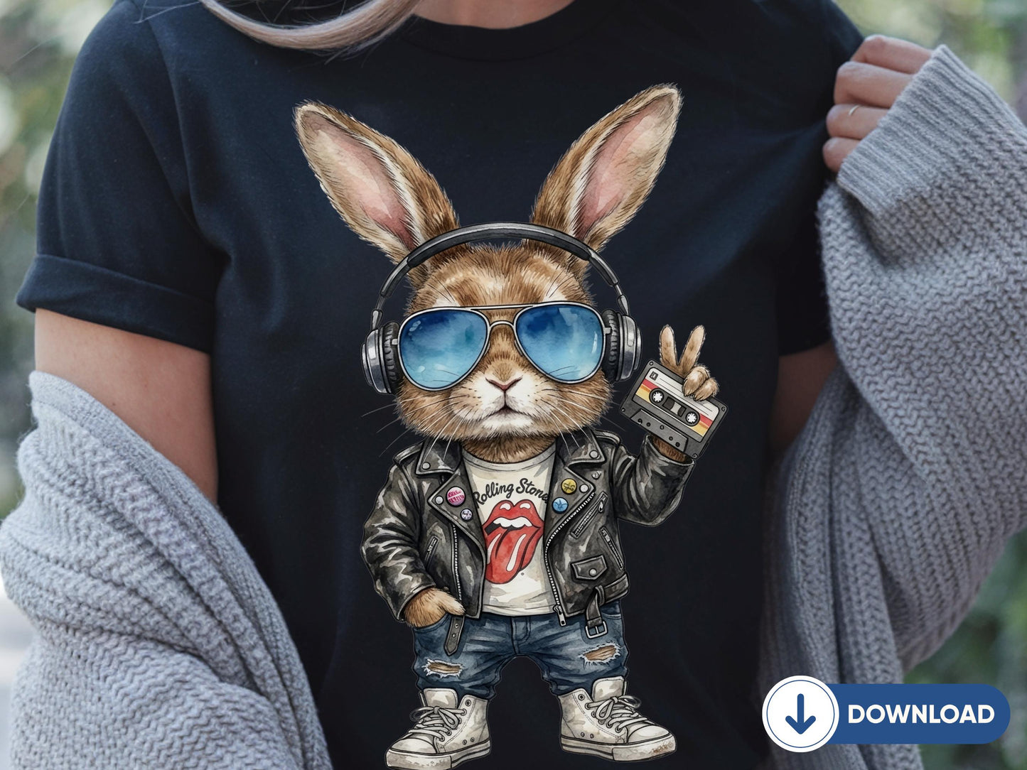 Funny Easter Bunny PNG, Retro Bunny With Headphones, Peace Sign Rabbit Shirt Design, Punk Rock Bunny Sublimation, Bunny Lover Gift